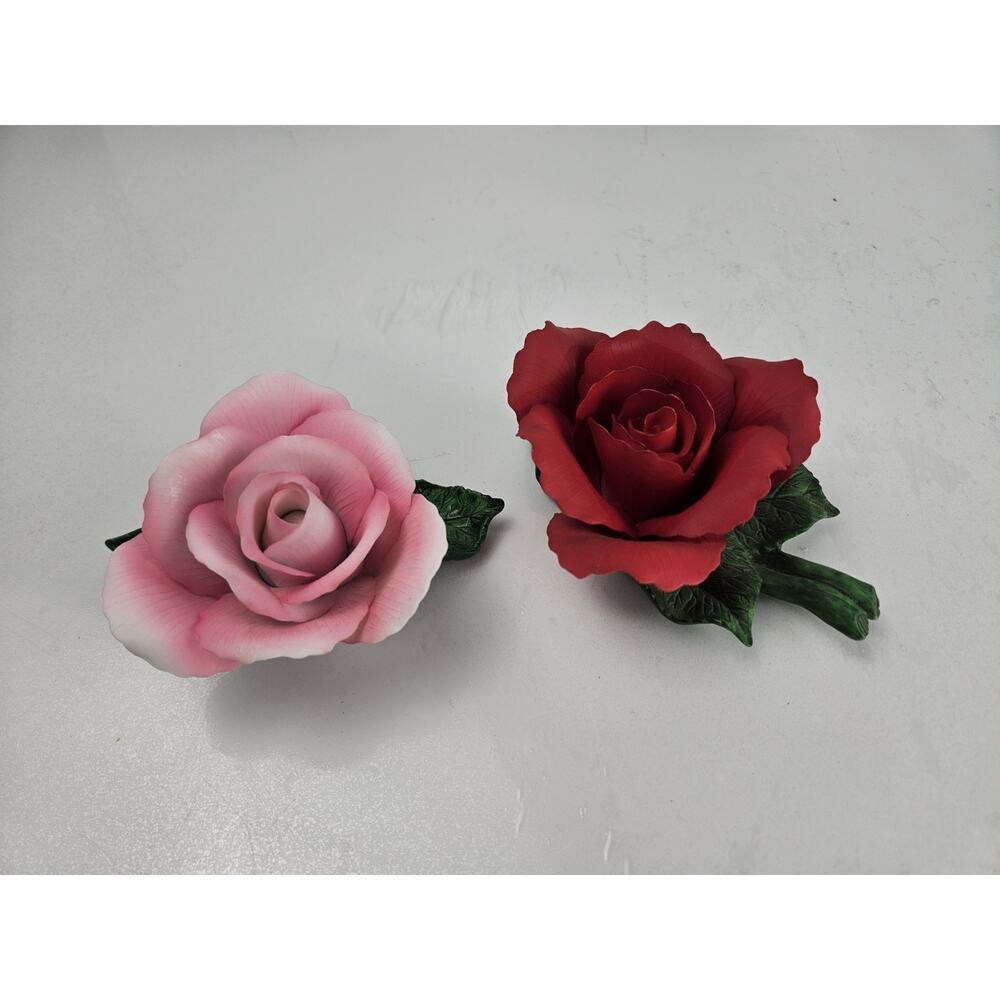 Set of 2 Vintage Porcelain Roses - Red & Pink on Green Leaves‎ Figurine
